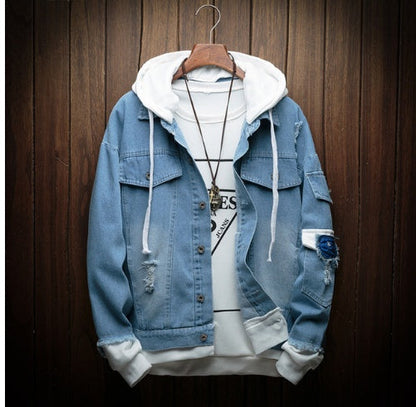 Men's Hooded Denim Jacket - Korean Style Loose Fit