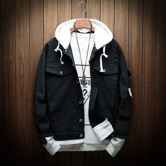Men's Hooded Denim Jacket - Korean Style Loose Fit