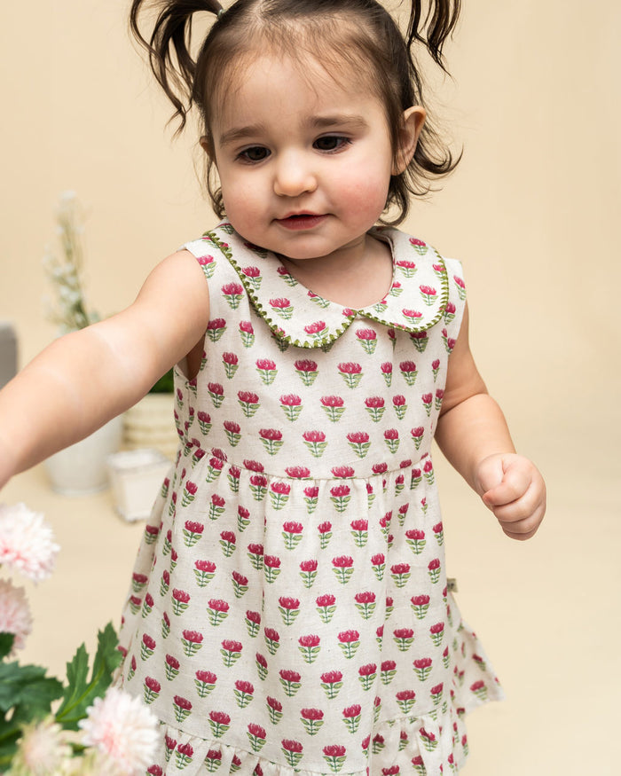 Mia Block Print Floral Baby Dress + Bloomer (Linen Blend) Lifestyle Model