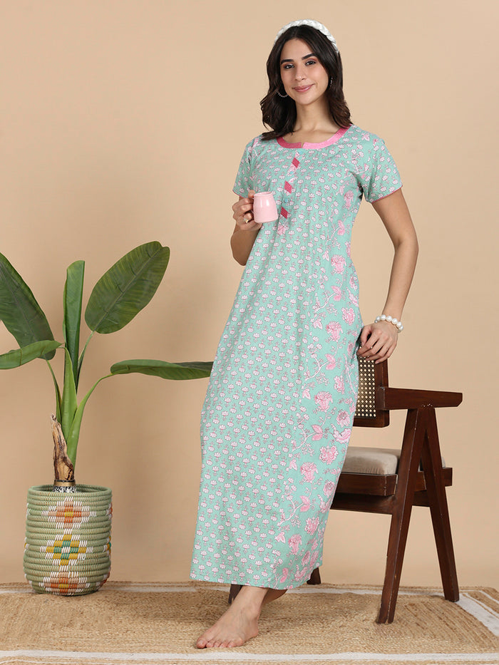 Classy Mint Green Flroal Print Pure Cotton Nighty for Women