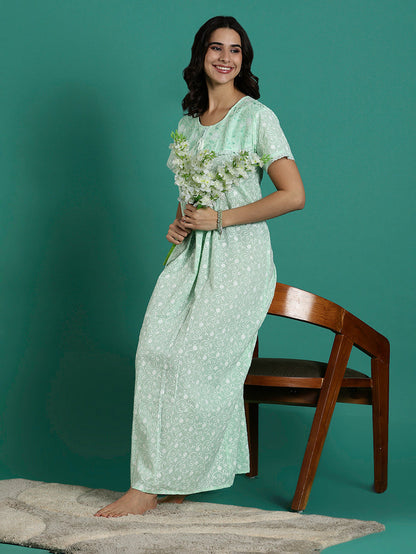 Mint Serenity Branded Cotton Chikankari Nighty For Women