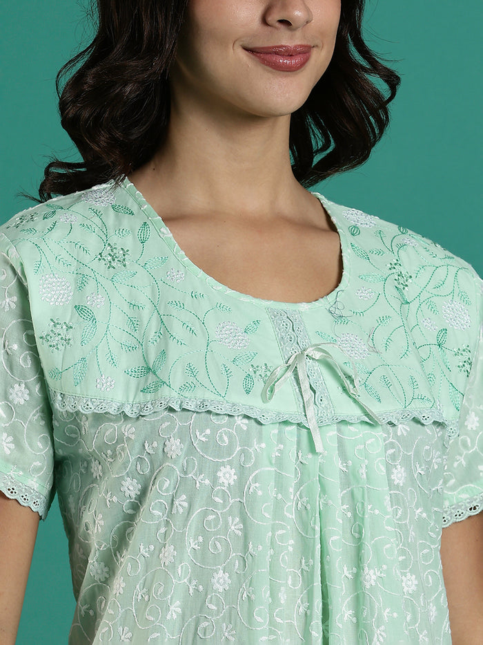 Mint Serenity Branded Cotton Chikankari Nighty For Women