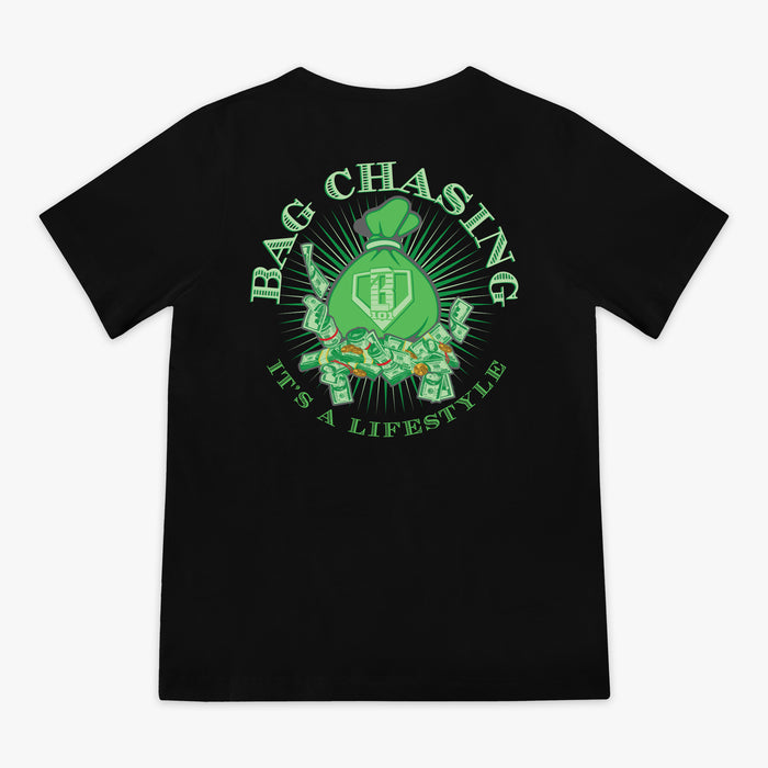Black t-shirt with green money bag graphic and text 'Bag Chasing It's a Lifestyle' on a white background