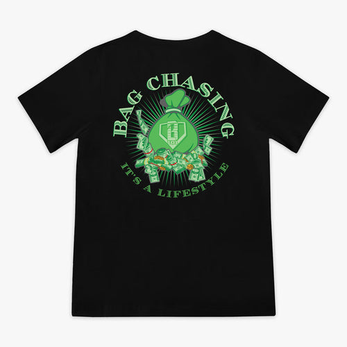 Black t-shirt with green money bag graphic and text 'Bag Chasing It's a Lifestyle' on a white background