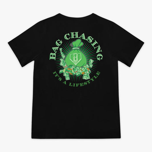 Black t-shirt with green money bag graphic and text 'Bag Chasing It's a Lifestyle' on a white background