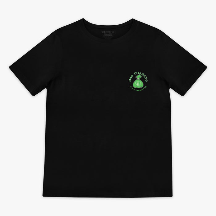 Black t-shirt with a green 'Bag Chasing It's a Lifestyle' logo on a white background