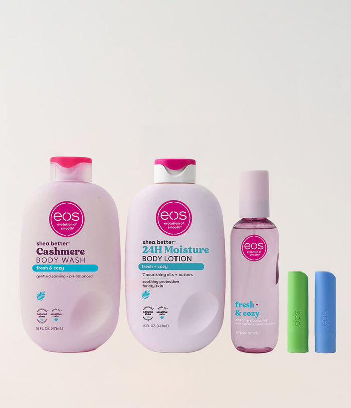 eos skincare products including body wash, lotion, and freshener on a light background