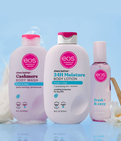 Three eos products on a light blue background