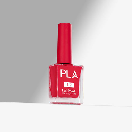 Red nail polish bottle with 'PLA' branding on a gray background