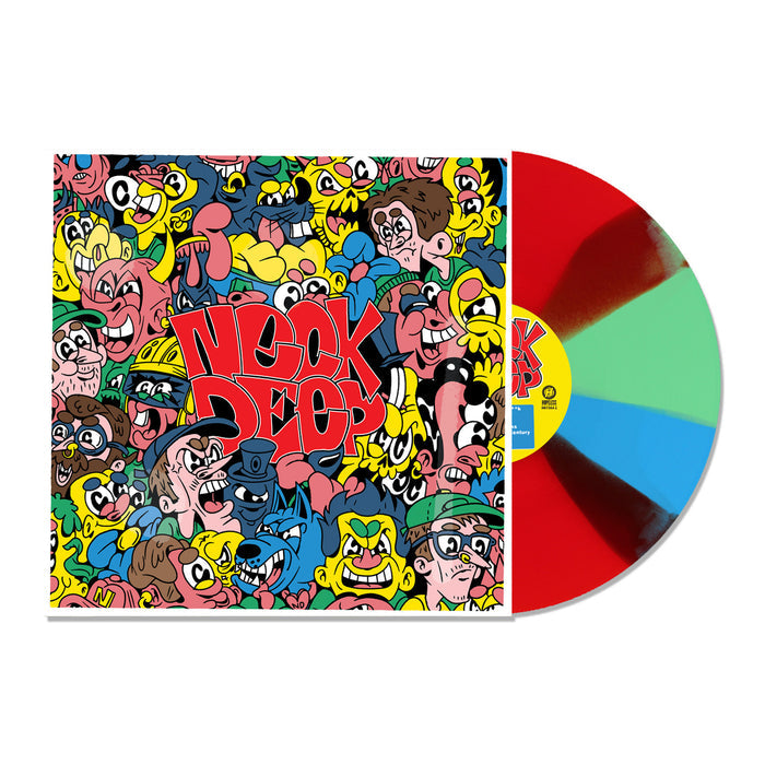 A vibrant Neck Deep vinyl record with red, blue, and green sections peeks from a sleeve adorned with expressive cartoon faces and Neck Deep Deluxe LP in bold red—a true limited edition.