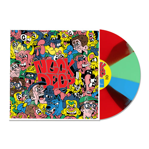 A vibrant Neck Deep vinyl record with red, blue, and green sections peeks from a sleeve adorned with expressive cartoon faces and Neck Deep Deluxe LP in bold red—a true limited edition.