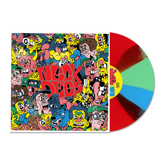 A vibrant Neck Deep vinyl record with red, blue, and green sections peeks from a sleeve adorned with expressive cartoon faces and Neck Deep Deluxe LP in bold red—a true limited edition.