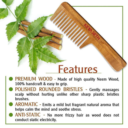 Neem Wooden Comb Wide Tooth with Handel All Purpose Large Size Perfect Hair Setter - Keya Seth Aromatherapy