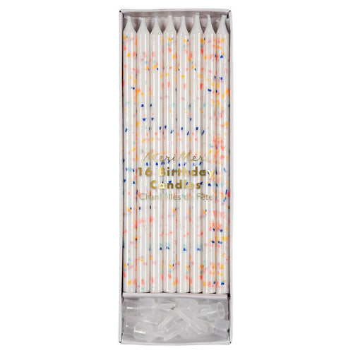 Set of 16 white confetti birthday candles with multicolor speckled stripes, in gift box