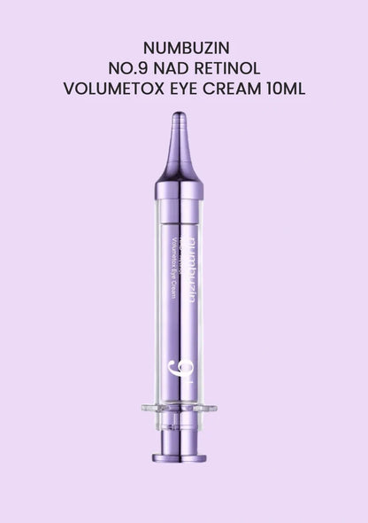 Volumetox eye cream bottle with Numbuzin branding on a light purple background