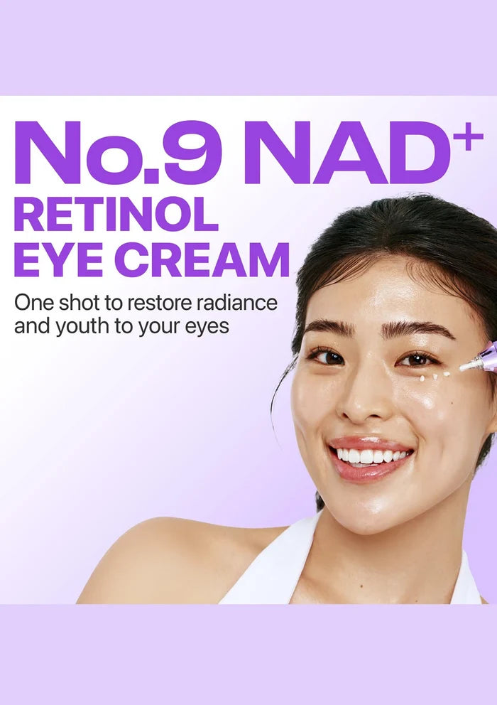 Advertisement for No.9 NAD+ Retinol Eye Cream featuring a woman with radiant skin on a purple background.