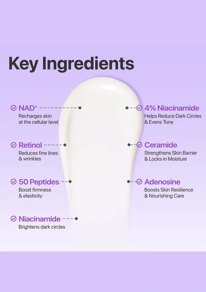 Skincare product with key ingredients listed on a purple background