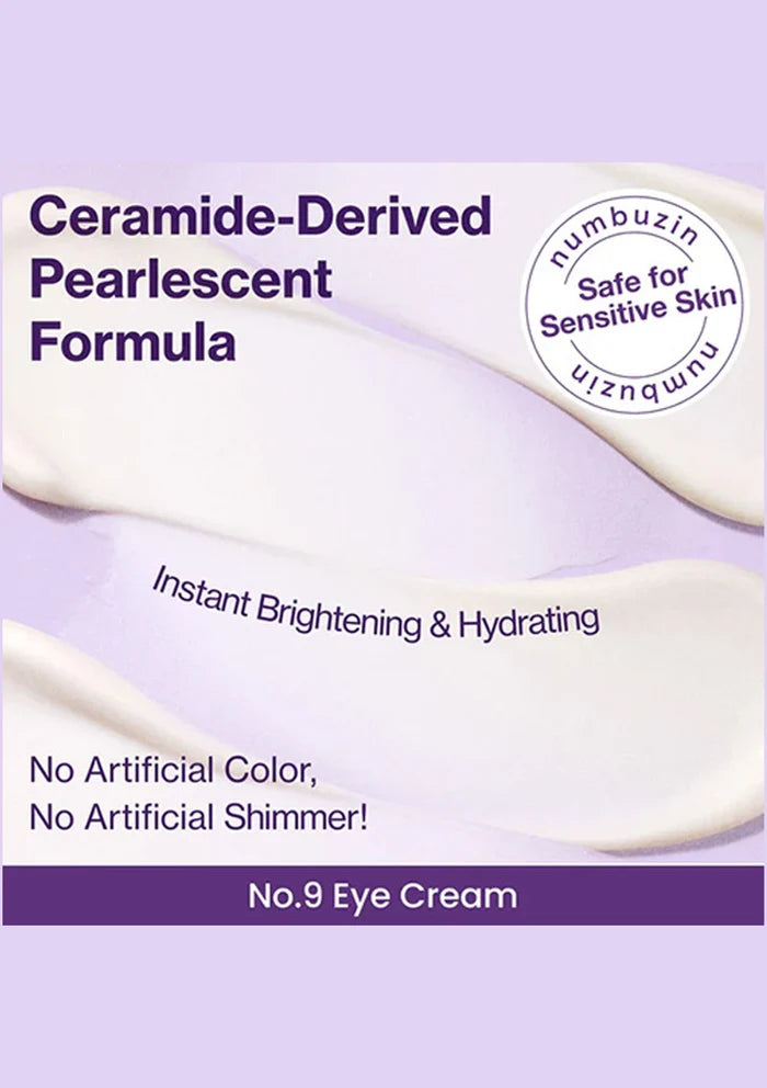 Eye cream packaging with text about ceramide-derived formula and safety for sensitive skin.