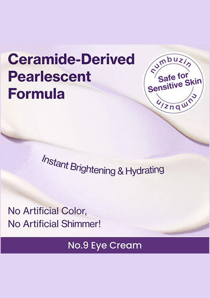 Eye cream packaging with text about ceramide-derived formula and safety for sensitive skin.