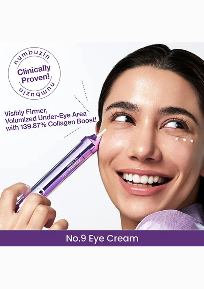 Woman using eye cream with product labeled 'Numbuzin No.9 Eye Cream' on a white background
