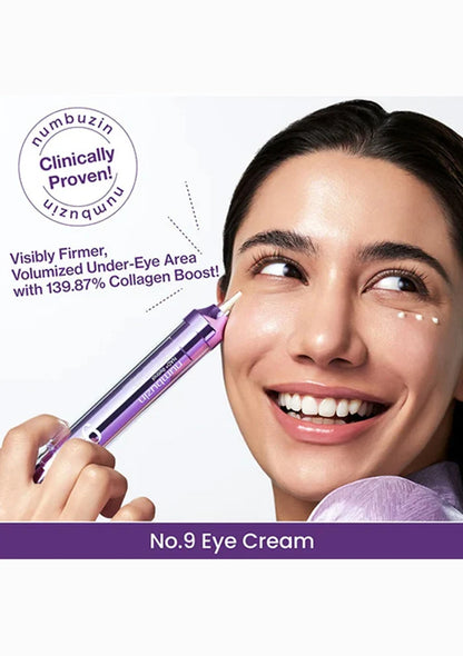Woman using eye cream with product labeled 'Numbuzin No.9 Eye Cream' on a white background
