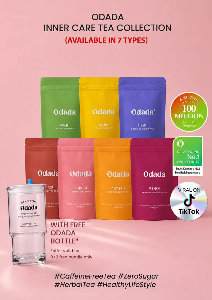 Promotional graphic for the Odada Inner Care Tea Collection, showing multiple colorful stand-up pouches of tea in green, yellow, blue, red, pink, orange, and purple, along with a glass bottle and promotional badges on a pink background.