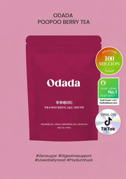 Odada Poopoo Berry Tea product packaging on a solid pink background, featuring a dark magenta pouch with white text and several certification badges on the right.