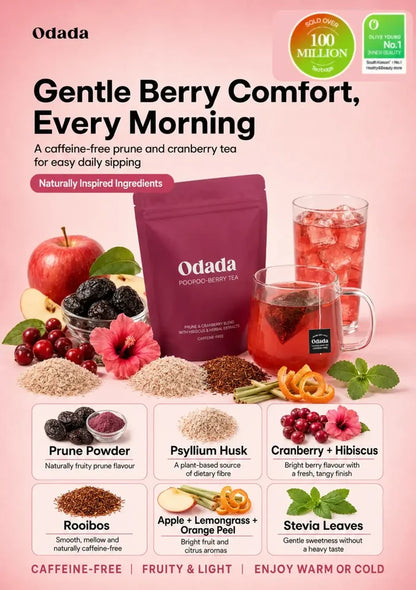 A promotional product graphic for Odada Hooedged Berry Tea on a pink background. The central product is a dark magenta pouch of tea, with a glass mug of brewed tea, loose berry mix, and fruit illustrations including an apple, berries, hibiscus flower, and citrus slices.