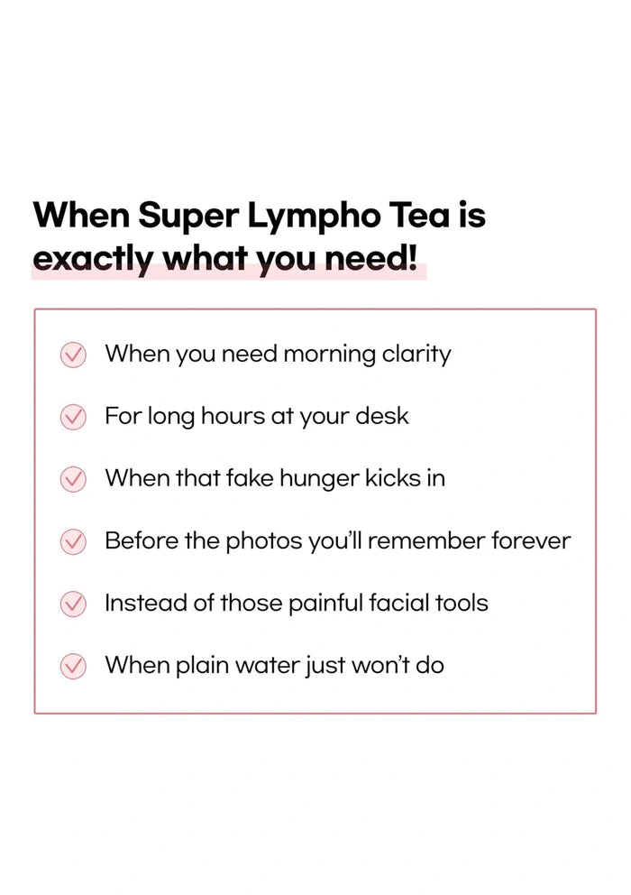 Promotional text about Super Lympho Tea with bullet points on a white background