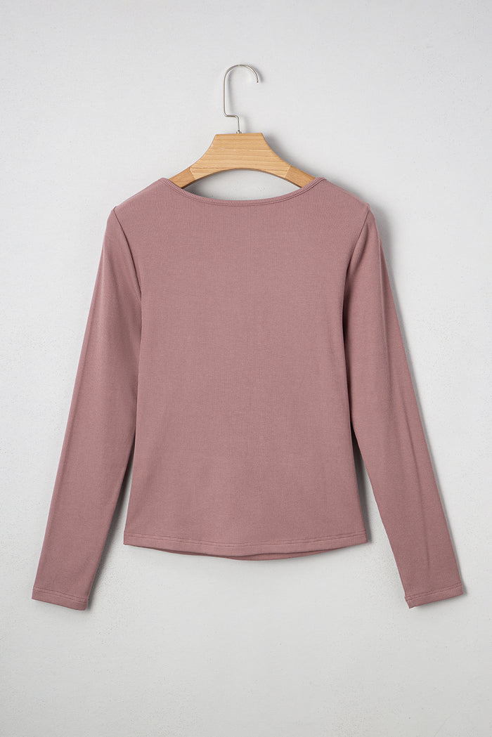 Old Rose Ruched Sweetheart Neck Ribbed Long Sleeve Top
