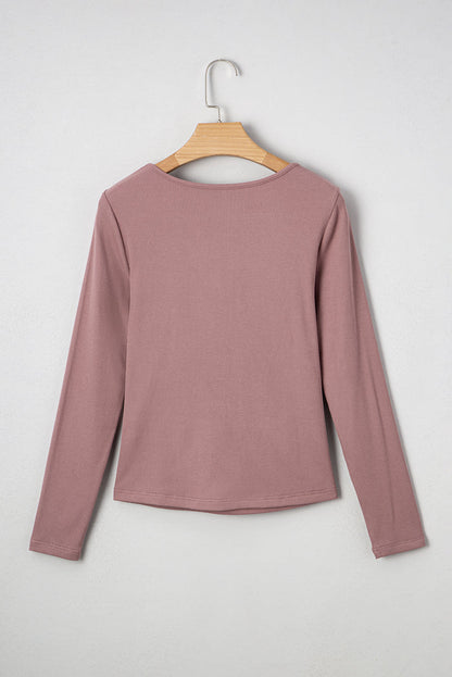 Old Rose Ruched Sweetheart Neck Ribbed Long Sleeve Top