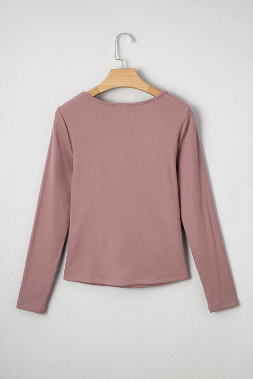 Old Rose Ruched Sweetheart Neck Ribbed Long Sleeve Top