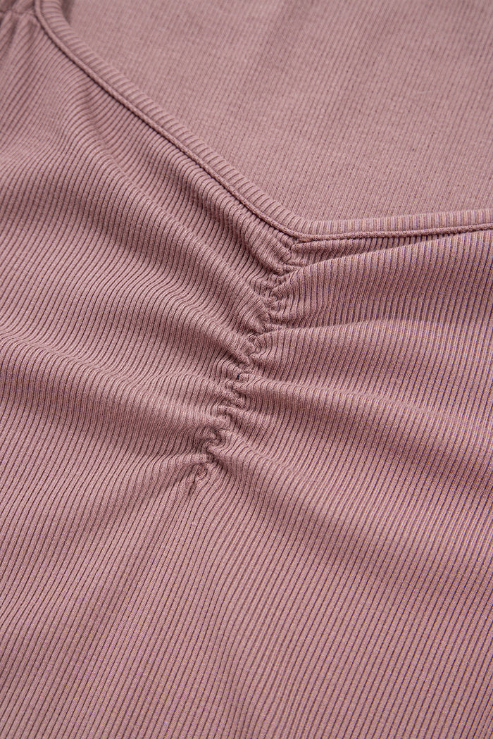 Old Rose Ruched Sweetheart Neck Ribbed Long Sleeve Top