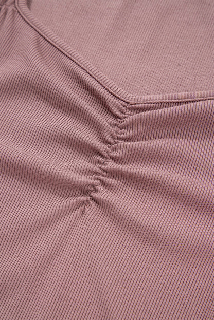 Old Rose Ruched Sweetheart Neck Ribbed Long Sleeve Top