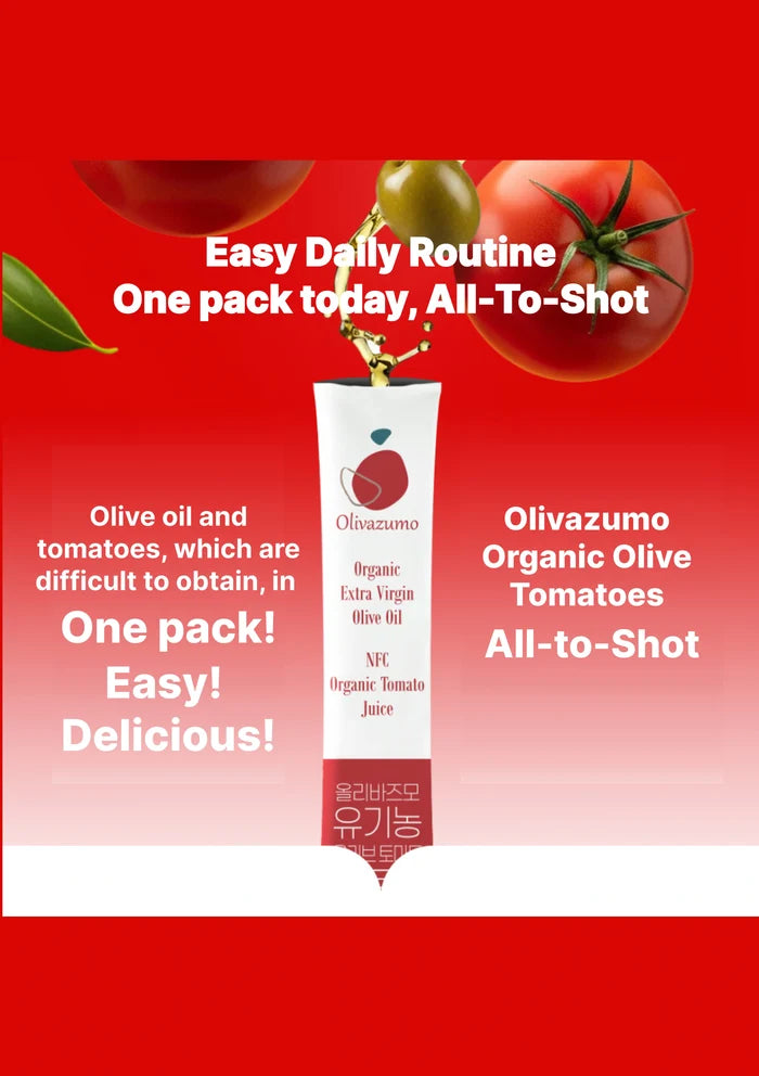 Olivazumo Organic Olive Tomatoes product with tomatoes and olive oil on a red background