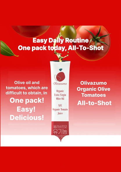 Olivazumo Organic Olive Tomatoes product with tomatoes and olive oil on a red background