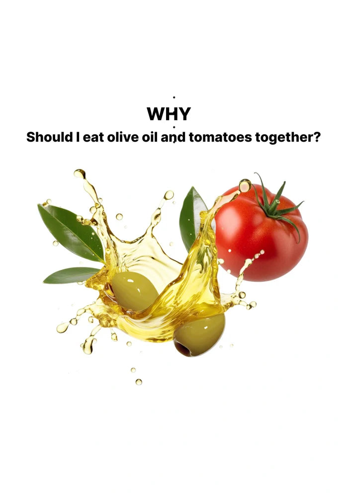 Olive oil, olives, and a tomato with text 'WHY Should I eat olive oil and tomatoes together?' on a white background.