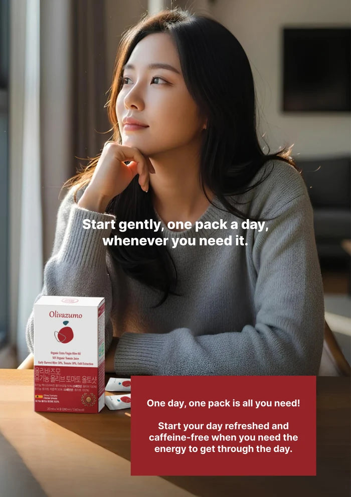 Woman sitting at a table with a box of Olimpium products, with promotional text overlay.