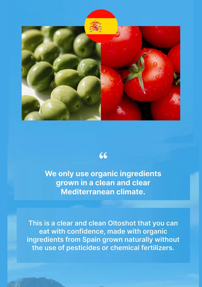 Fruits with a Spanish flag on a blue background and text about organic ingredients.