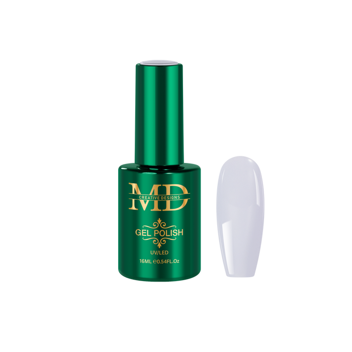 Green gel polish bottle with a white nail tip color swatch on a white background