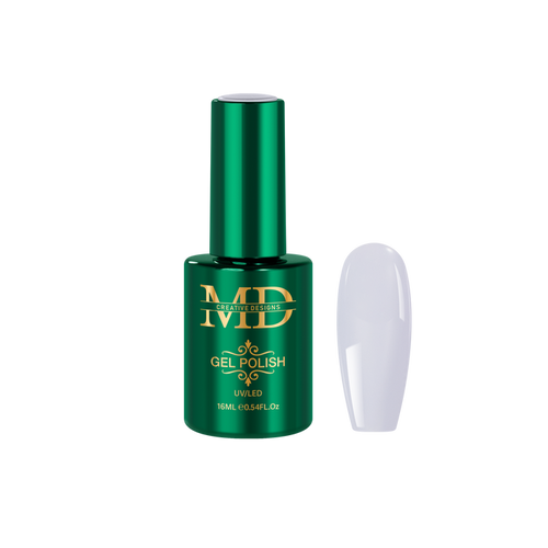 Green gel polish bottle with a white nail tip color swatch on a white background