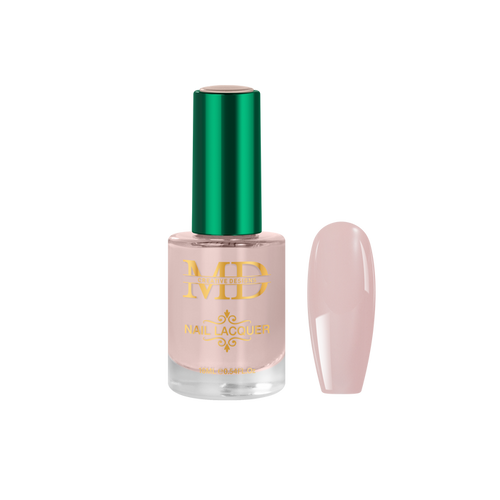 Nail polish bottle with a green cap and gold text on a white background