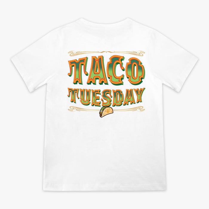 White t-shirt with 'Taco Tuesday' graphic design on a white background