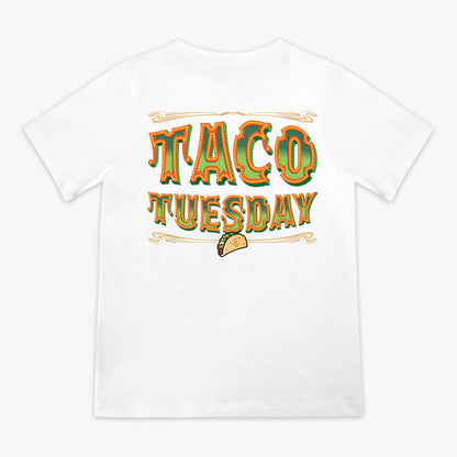 White t-shirt with 'Taco Tuesday' graphic design on a white background