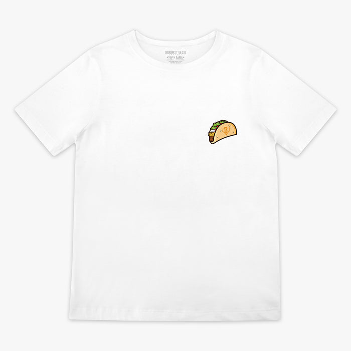 White t-shirt with a small taco graphic on a white background