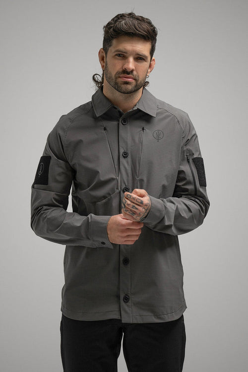 Bernie Is 6ft And Wears Size: M | Hem Studio Image Of Model Wearing Oryon Carbon Shirt In Wolf Grey (SS Model)