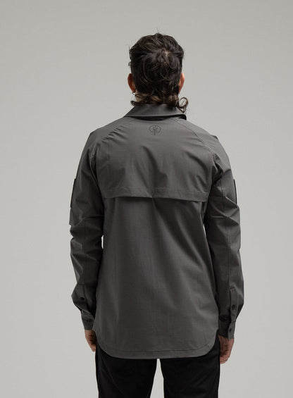 Bernie Is 6ft And Wears Size: M | Hem Studio Image Of Model Wearing Oryon Carbon Shirt In Wolf Grey (SS Model)