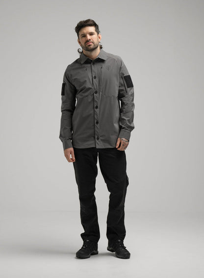 Bernie Is 6ft And Wears Size: M | Hem Studio Image Of Model Wearing Oryon Carbon Shirt In Wolf Grey (SS Model)