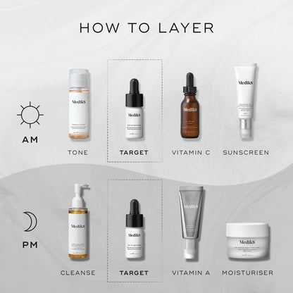 A HOW TO LAYER diagram illustrates skincare routines. The AM routine includes Tone (Medik8 Press & Glow), Target (Medik8 Oxy-R Peptides), Vitamin C (Medik8 C-Tetra Luxe), and Sunscreen (Medik8 Advanced Day Total Protect). The PM routine involves Cleanse (Medik8 Lipid-Balance Cleansing Oil), Target (Medik8 Oxy-R Peptides), Vitamin A (Medik8 Crystal Retinal), and Moisturiser (Medik8 Advanced Night Restore).