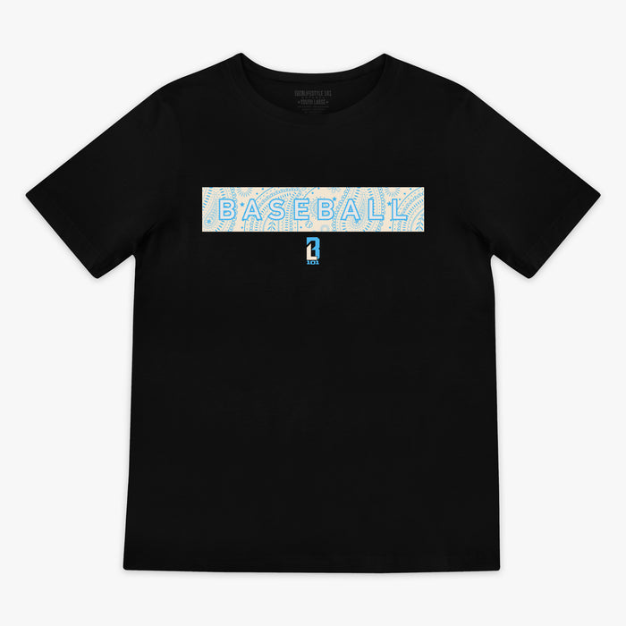 Black and bone and light blue Paisley youth graphic tee — front view